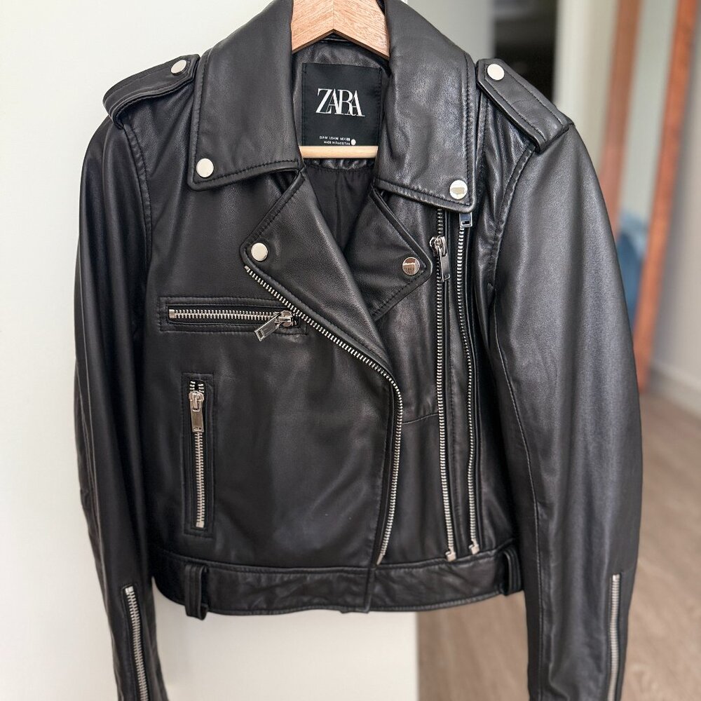 Zara Genuine Sheep Leather Black Moto Jacket
